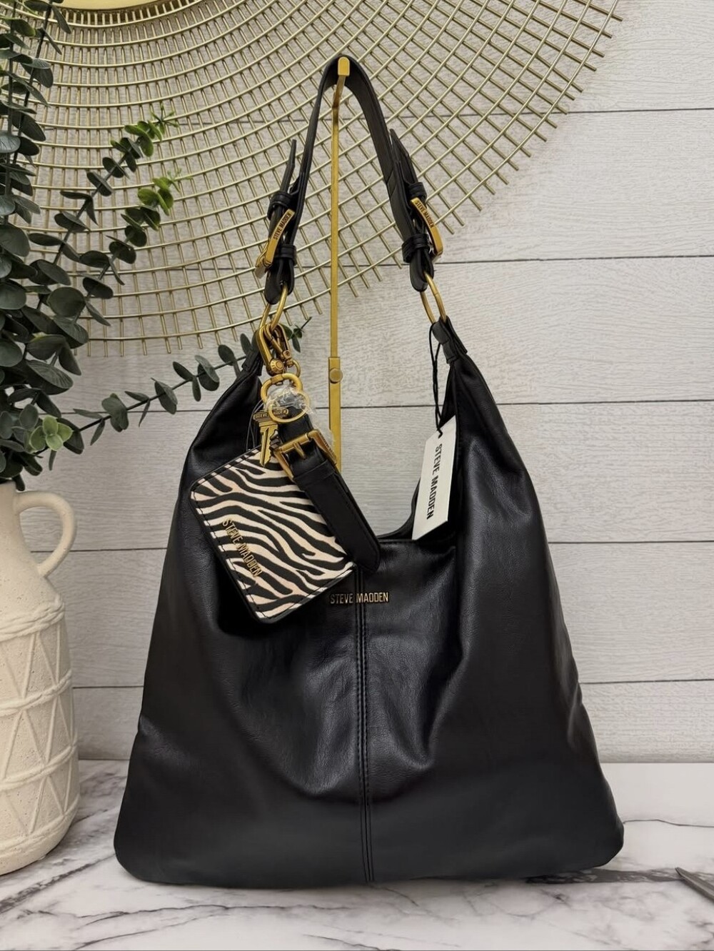 Steve Madden Black Leather Shoulder Hobo with Zebra Card Pouch